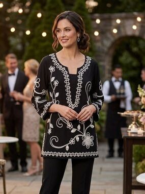Lauren Michelle Black Tunic  with White Embroidery